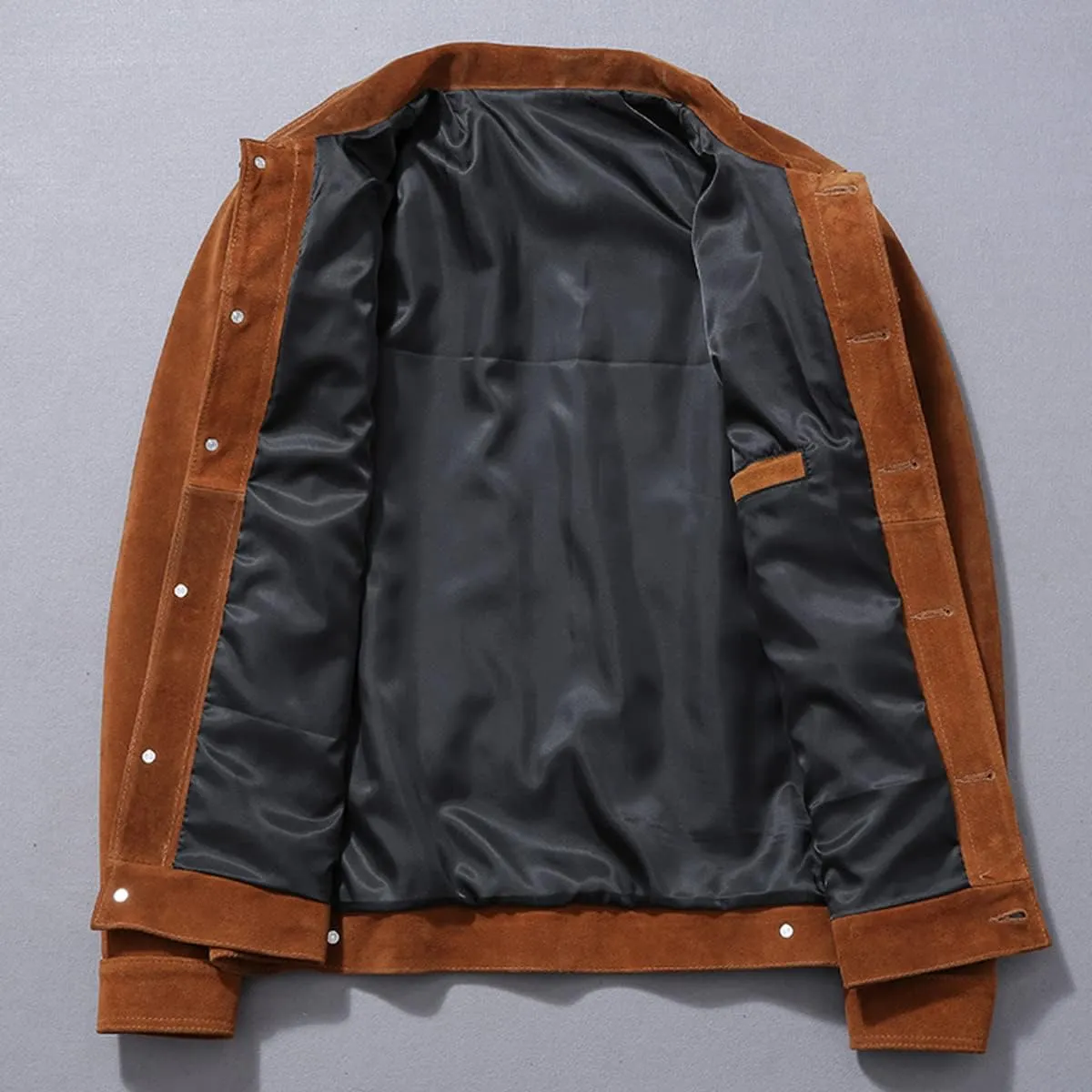 | Mens Brown Trucker Genuine Suede Turn Down Collar Casual Traditional Western Stylish Leather Jacket