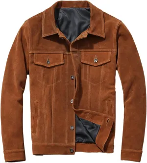 | Mens Brown Trucker Genuine Suede Turn Down Collar Casual Traditional Western Stylish Leather Jacket