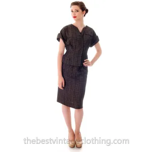 1950s Vintage Silk Suit Short Sleeves Plaid Blums-Vogue Unique 38-25-36 High Quality