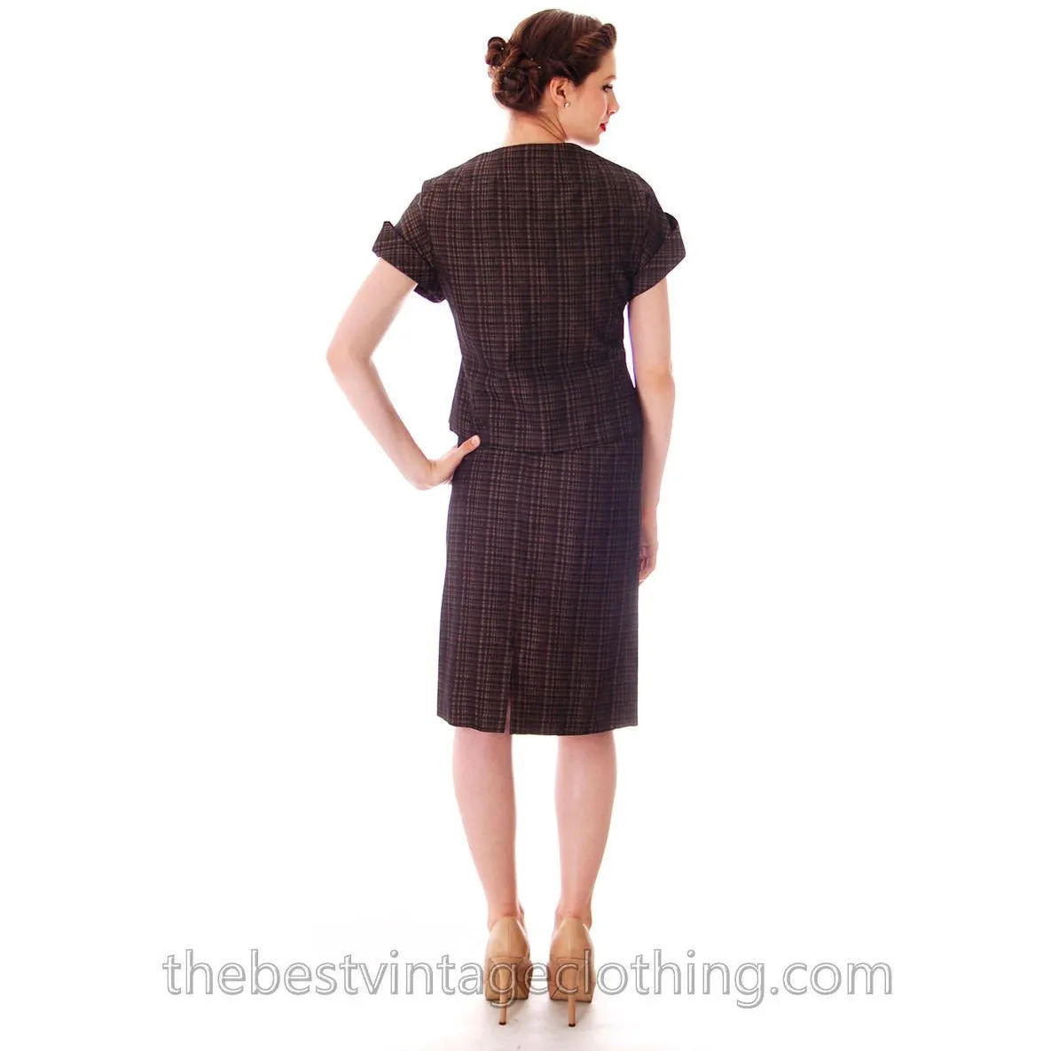 1950s Vintage Silk Suit Short Sleeves Plaid Blums-Vogue Unique 38-25-36 High Quality