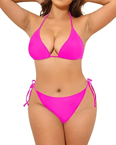 2 Piece Adjustable Halter Swimsuit Mid Waist Bottom for Women-Neon Pink