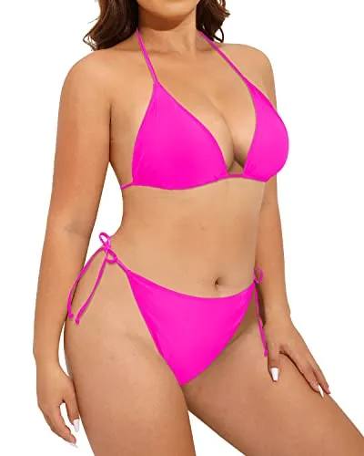 2 Piece Adjustable Halter Swimsuit Mid Waist Bottom for Women-Neon Pink