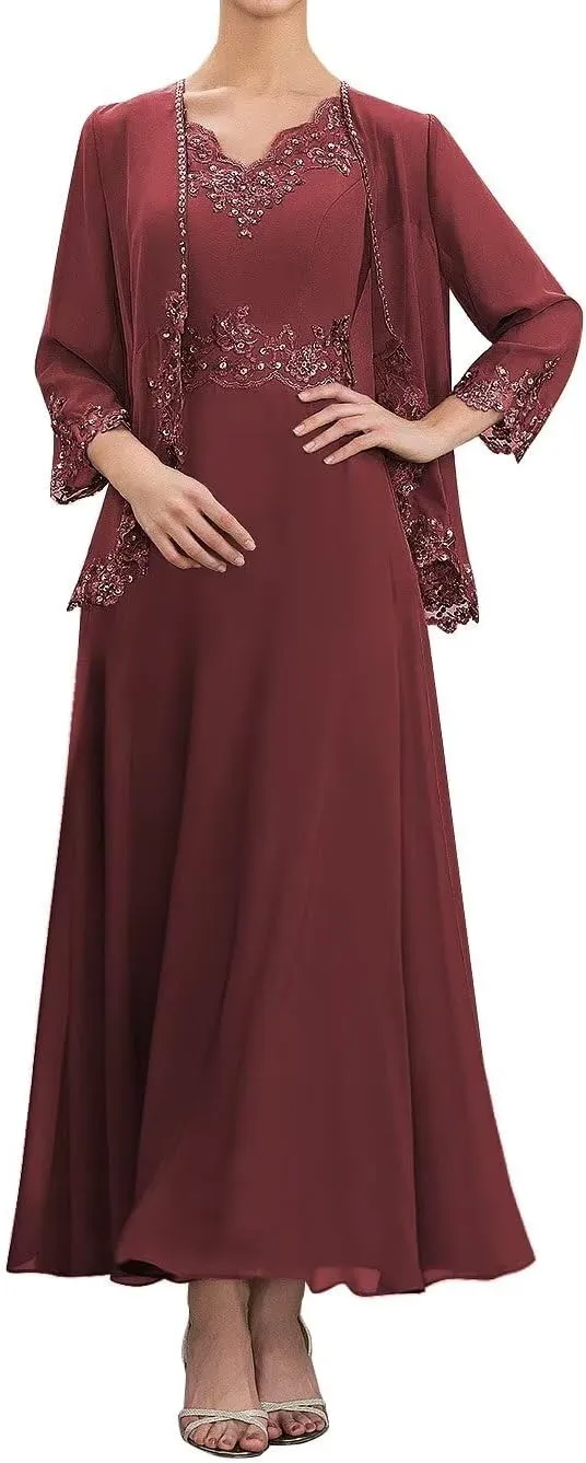 2 Piece Mother of The Bride Dresses Tea Length with Jacket Chiffon Lace Appliques Formal Evening Dress for Wedding