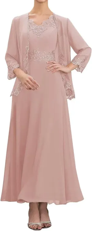 2 Piece Mother of The Bride Dresses Tea Length with Jacket Chiffon Lace Appliques Formal Evening Dress for Wedding