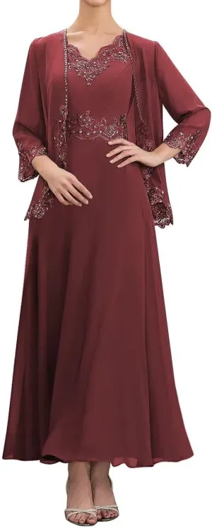 2 Piece Mother of The Bride Dresses Tea Length with Jacket Chiffon Lace Appliques Formal Evening Dress for Wedding