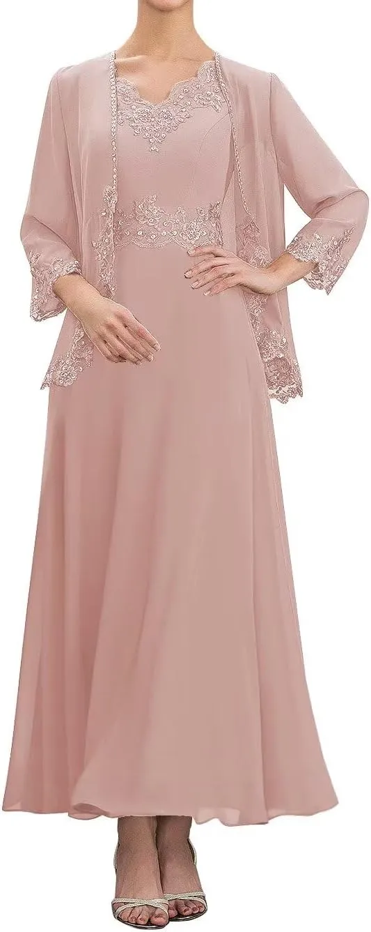 2 Piece Mother of The Bride Dresses Tea Length with Jacket Chiffon Lace Appliques Formal Evening Dress for Wedding