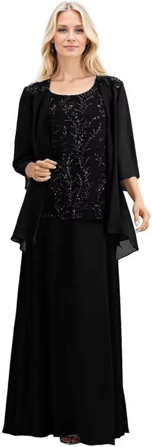 2 Piece Mother of The Bride Dresses with Jacket 3/4 Sleeve Long Formal Dress Chiffon Lace Evening Dresses for Women