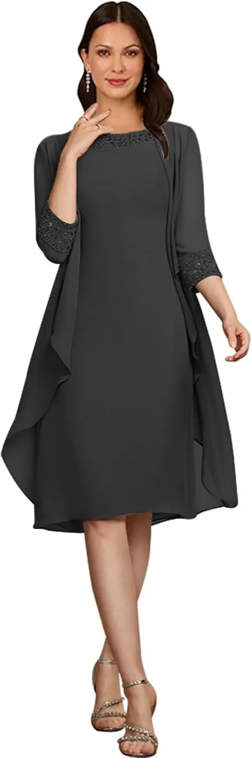 2 Piece Mother of The Bride Dresses with Jackets 3/4 Sleeve Formal Evening Gown Chiffon Beaded Wedding Guest Dresses