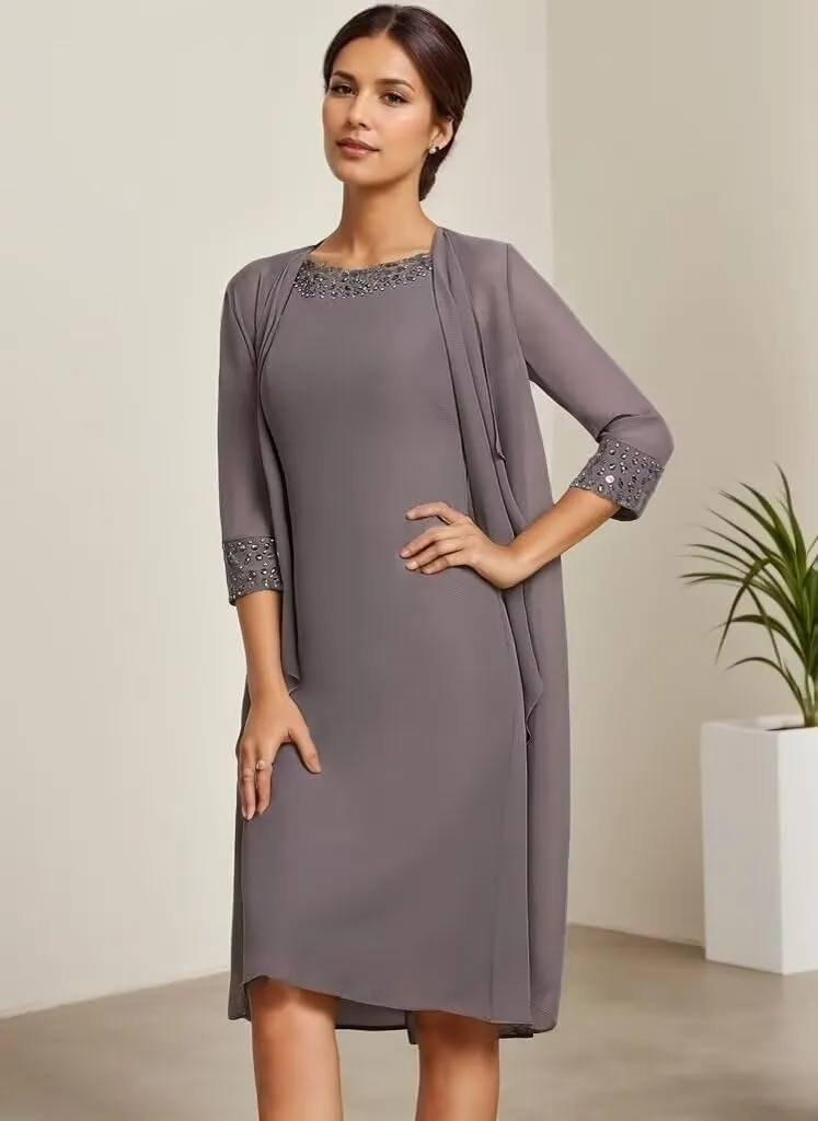 2 Piece Mother of The Bride Dresses with Jackets 3/4 Sleeve Formal Evening Gown Chiffon Beaded Wedding Guest Dresses