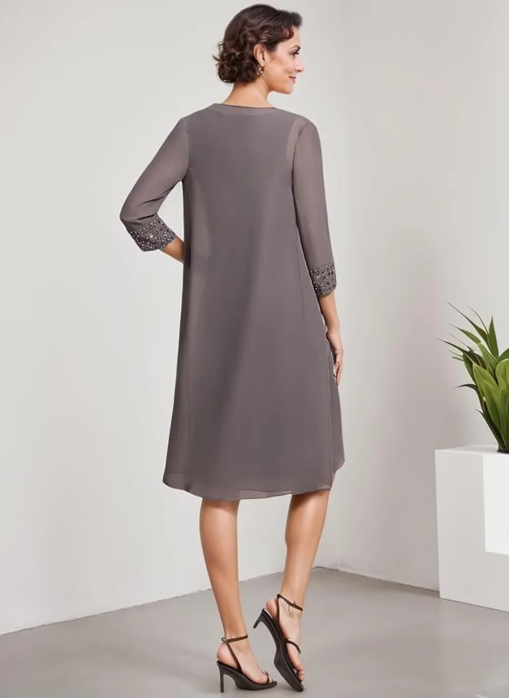 2 Piece Mother of The Bride Dresses with Jackets 3/4 Sleeve Formal Evening Gown Chiffon Beaded Wedding Guest Dresses