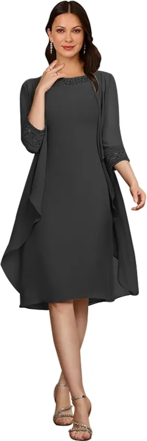2 Piece Mother of The Bride Dresses with Jackets 3/4 Sleeve Formal Evening Gown Chiffon Beaded Wedding Guest Dresses