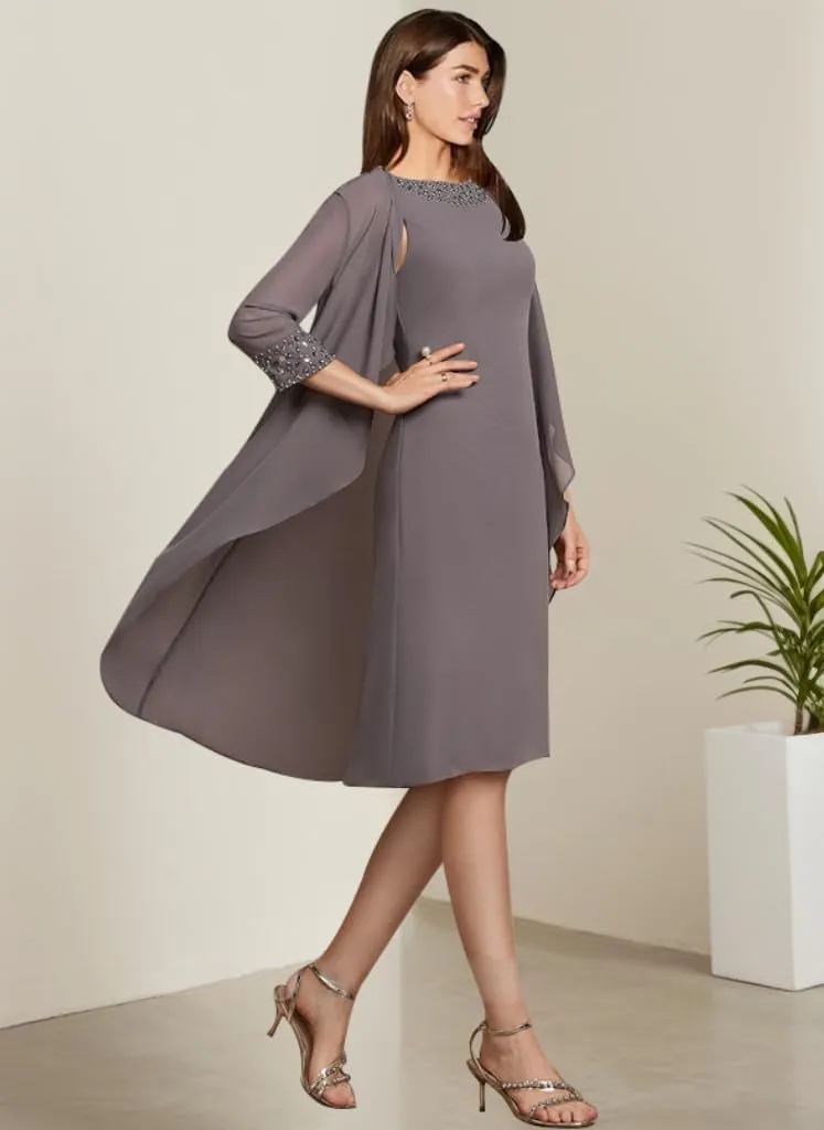 2 Piece Mother of The Bride Dresses with Jackets 3/4 Sleeve Formal Evening Gown Chiffon Beaded Wedding Guest Dresses