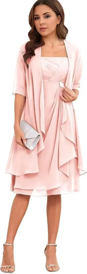 2 Pieces Mother of The Bride Dresses for Wedding Lace Applique Chiffon Tea Length Mother of The Groom Gown with Jackets
