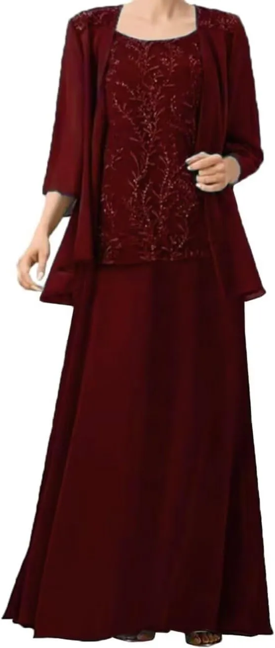 2 Pieces Mother of The Bride Dresses for Wedding Laces Appliques Chiffon Mother of The Groom Dresses with Jackets