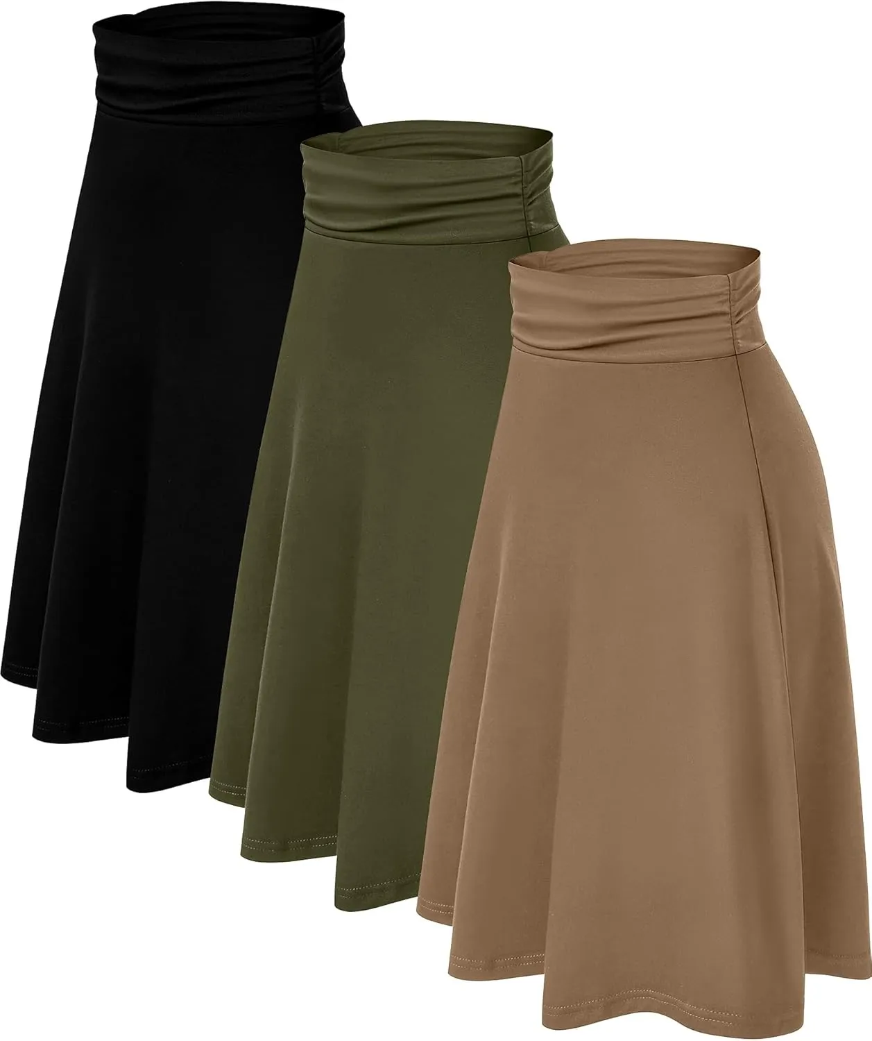 3 Pack Womens Midi Skirts Flowy Lightweight Knee Length Casual Elastic Waist Modest Flared Skirts Trendy Summer