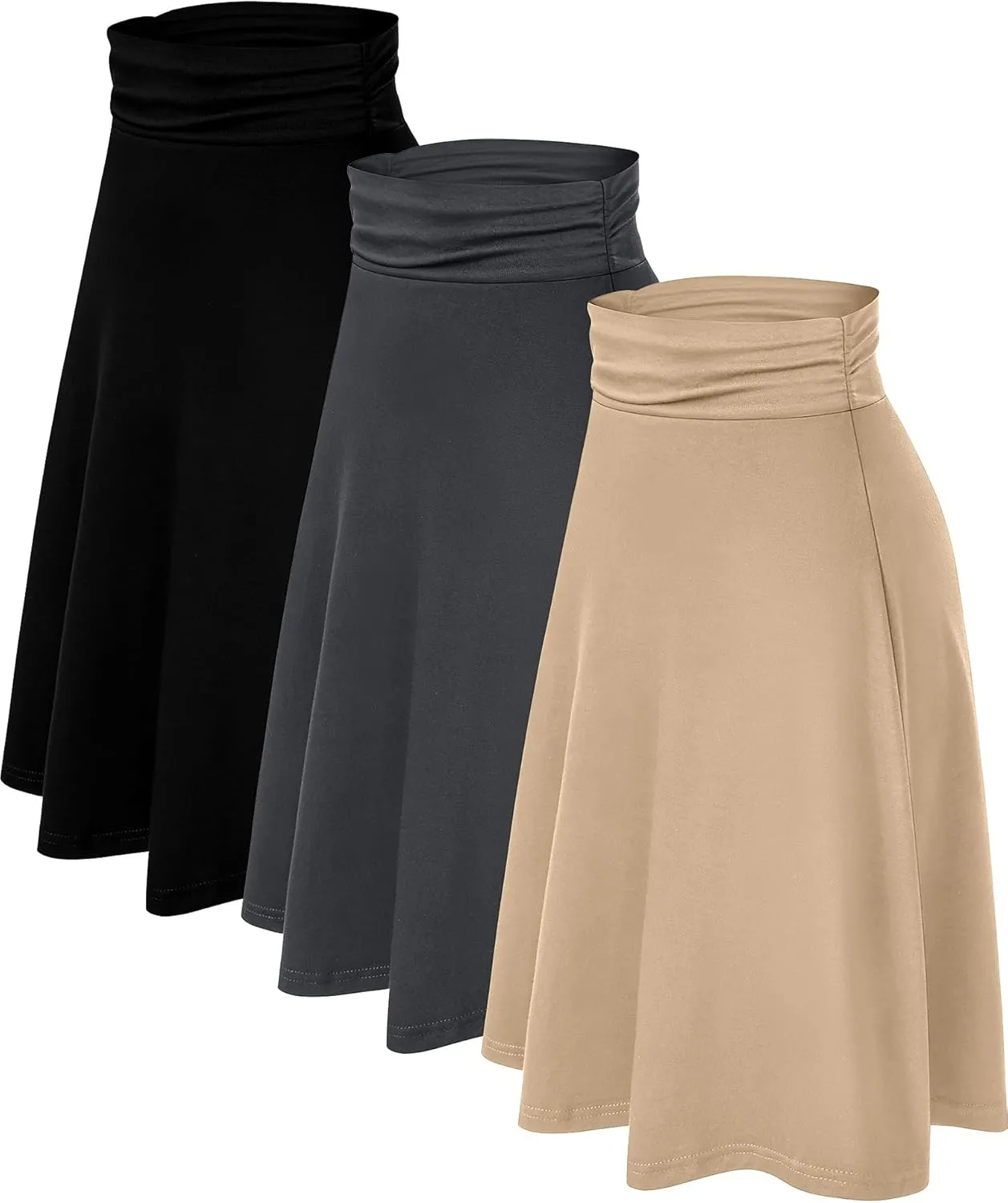 3 Pack Womens Midi Skirts Flowy Lightweight Knee Length Casual Elastic Waist Modest Flared Skirts Trendy Summer