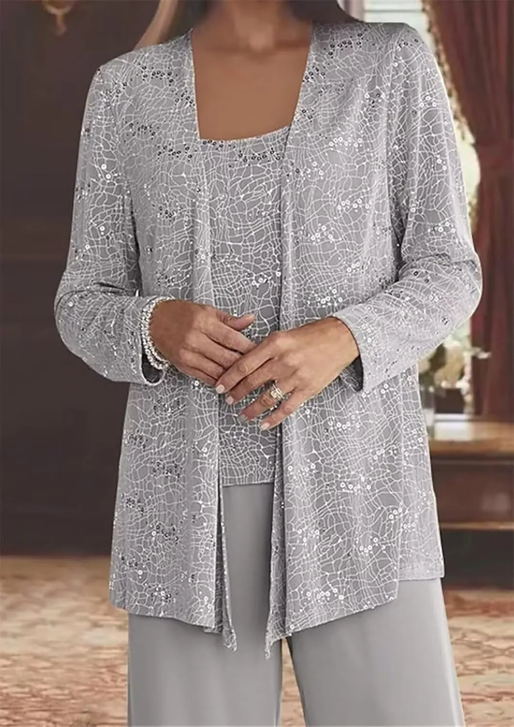 3 Pieces Dressy Pantsuits for Wedding Guest Chiffon Lace Mother of The Bride Pants Suits with Jackets