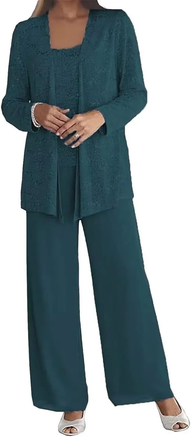 3 Pieces Dressy Pantsuits for Wedding Guest Chiffon Lace Mother of The Bride Pants Suits with Jackets