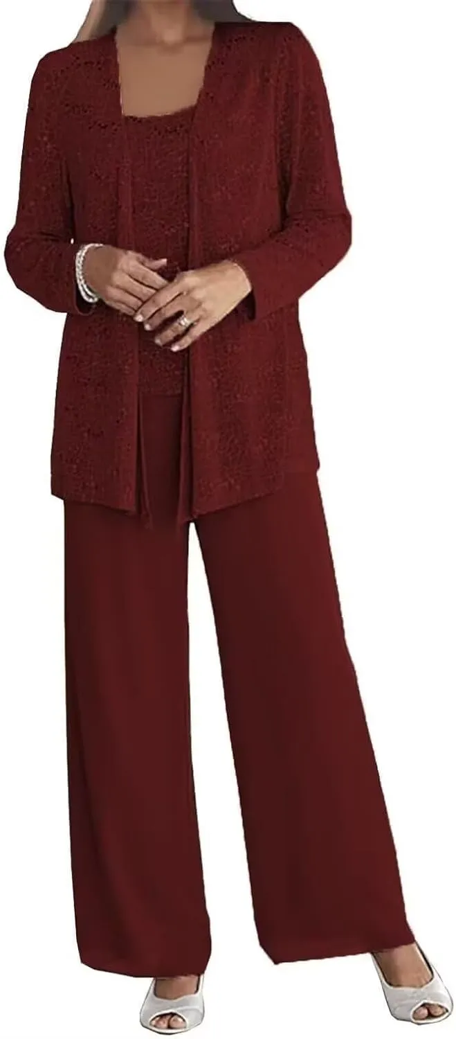 3 Pieces Dressy Pantsuits for Wedding Guest Chiffon Lace Mother of The Bride Pants Suits with Jackets