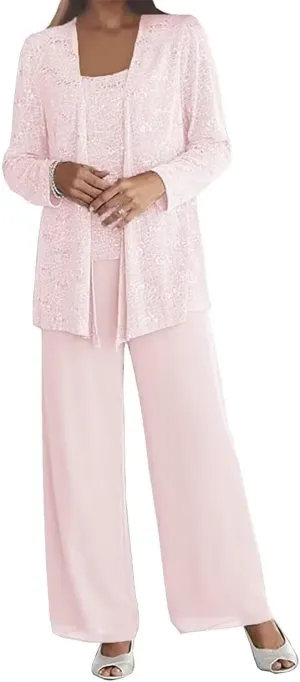 3 Pieces Dressy Pantsuits for Wedding Guest Chiffon Lace Mother of The Bride Pants Suits with Jackets