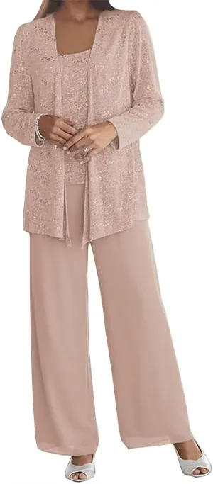 3 Pieces Dressy Pantsuits for Wedding Guest Chiffon Lace Mother of The Bride Pants Suits with Jackets