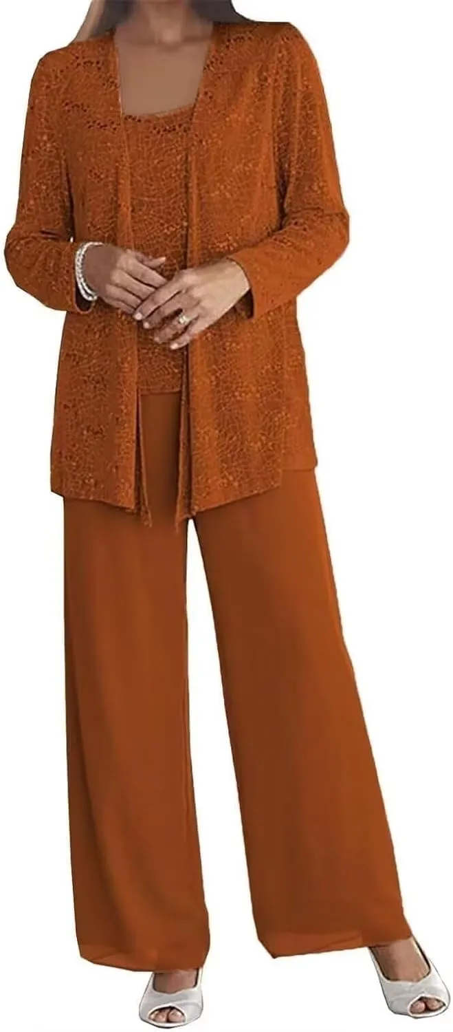 3 Pieces Dressy Pantsuits for Wedding Guest Chiffon Lace Mother of The Bride Pants Suits with Jackets