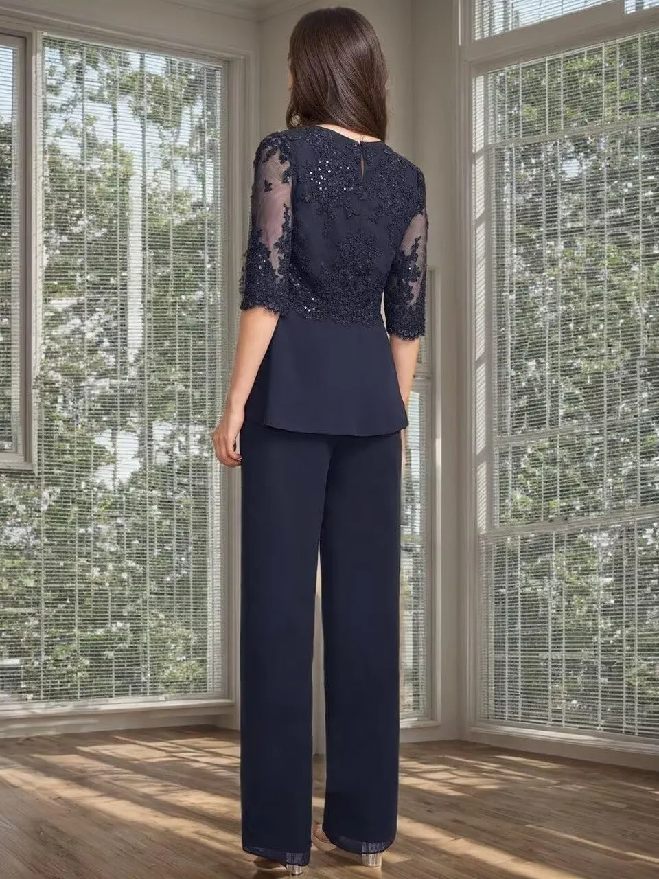 3 Pieces Mother of Bride Pant Suits with Jackets Laces Sequin Chiffon Mother of Groom Dresses