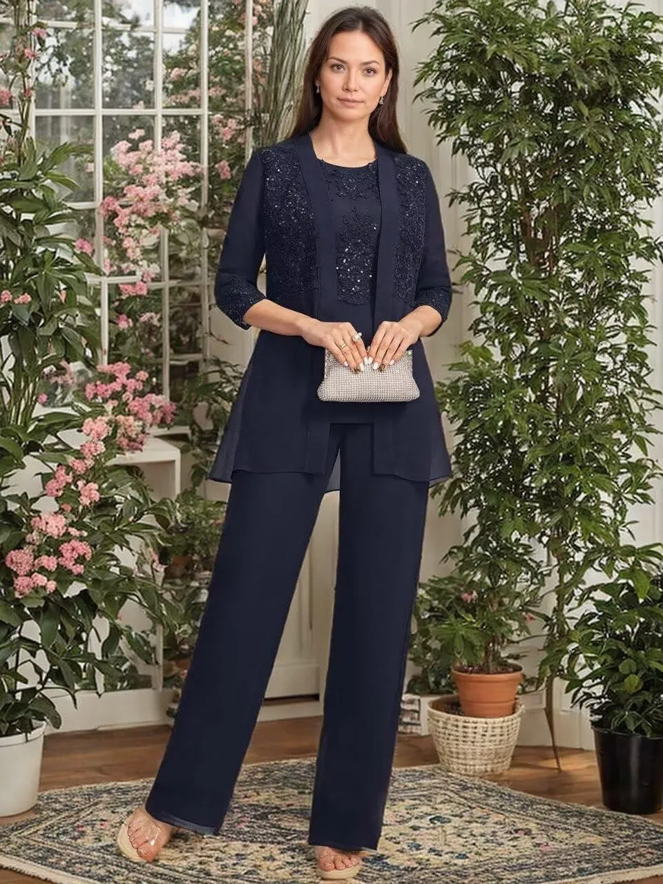 3 Pieces Mother of Bride Pant Suits with Jackets Laces Sequin Chiffon Mother of Groom Dresses