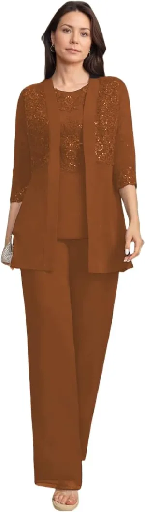 3 Pieces Mother of Bride Pant Suits with Jackets Laces Sequin Chiffon Mother of Groom Dresses