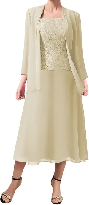 3 Pieces Mother of The Bride Dresses Women Chiffon Formal Evening Gowns with Long Sleeve Jackets