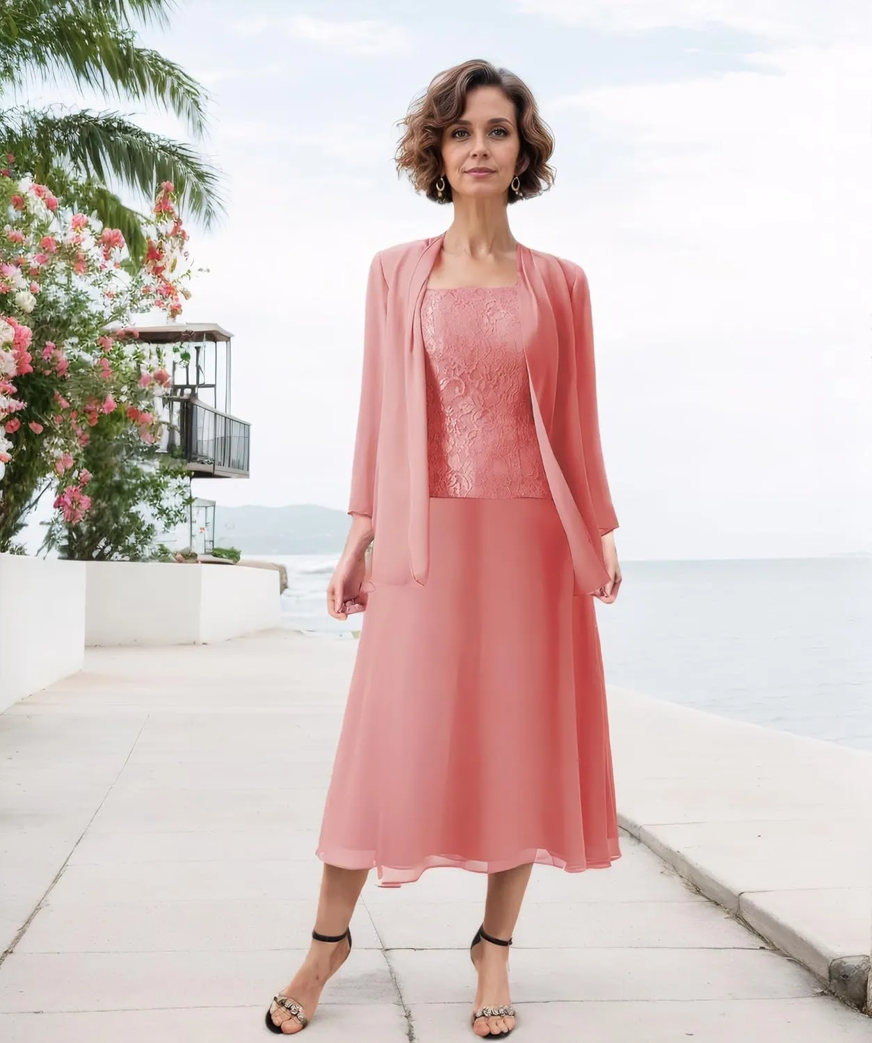 3 Pieces Mother of The Bride Dresses Women Chiffon Formal Evening Gowns with Long Sleeve Jackets