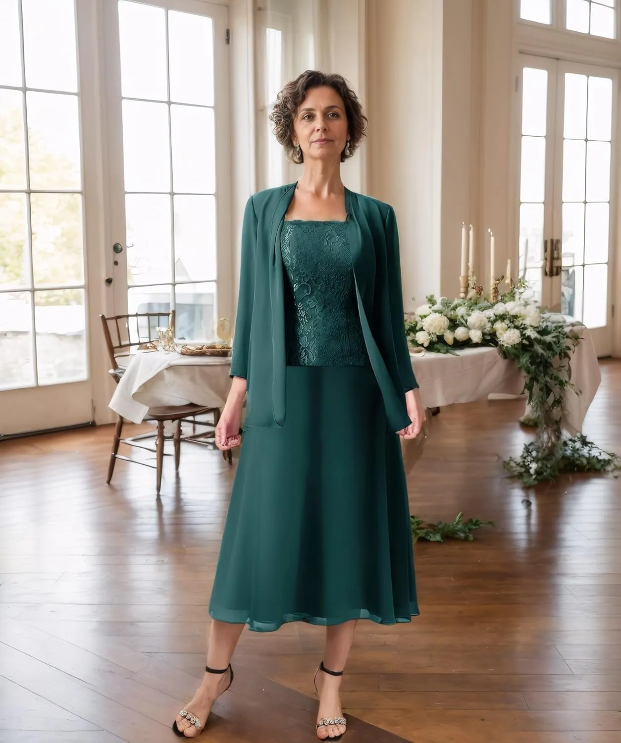 3 Pieces Mother of The Bride Dresses Women Chiffon Formal Evening Gowns with Long Sleeve Jackets