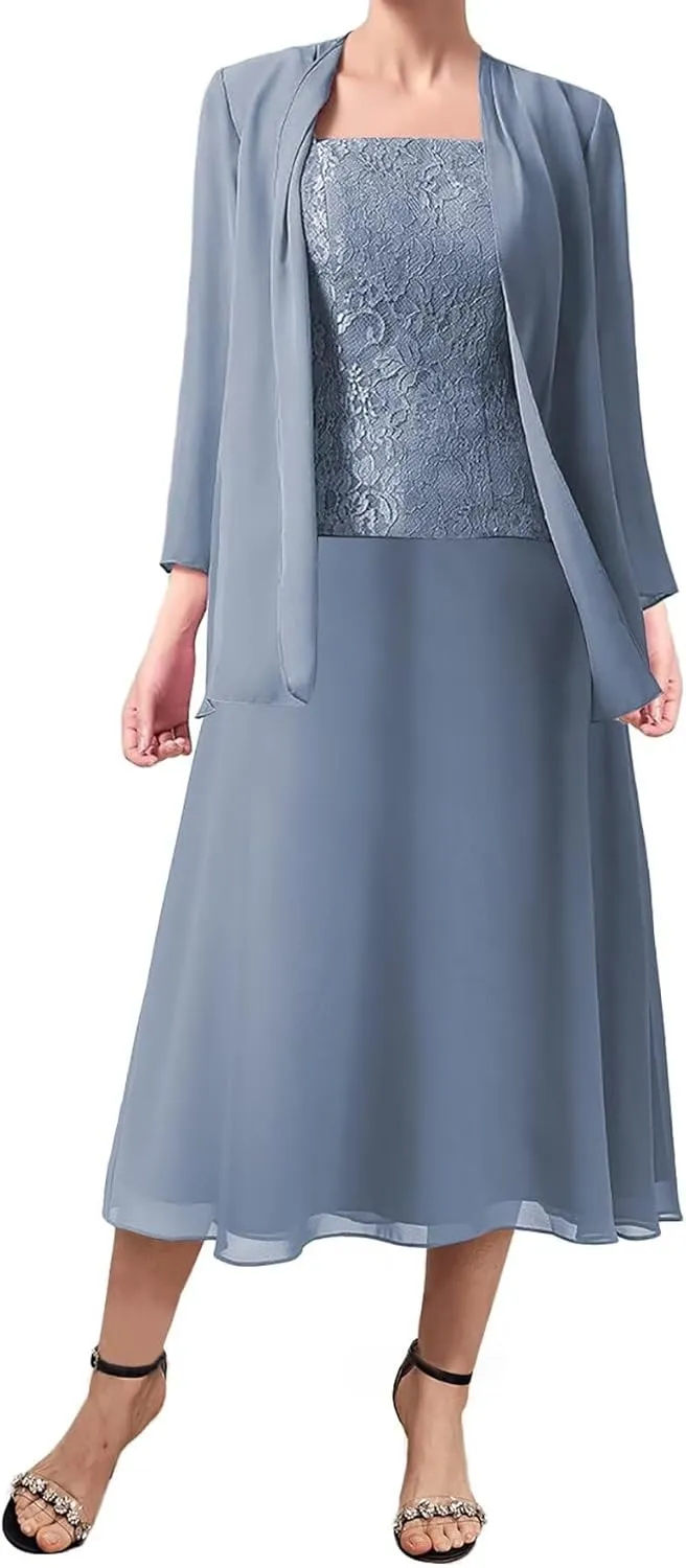 3 Pieces Mother of The Bride Dresses Women Chiffon Formal Evening Gowns with Long Sleeve Jackets