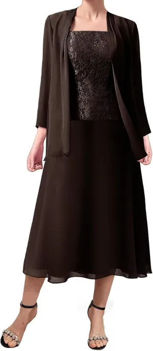 3 Pieces Mother of The Bride Dresses Women Chiffon Formal Evening Gowns with Long Sleeve Jackets