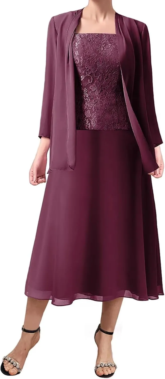 3 Pieces Mother of The Bride Dresses Women Chiffon Formal Evening Gowns with Long Sleeve Jackets
