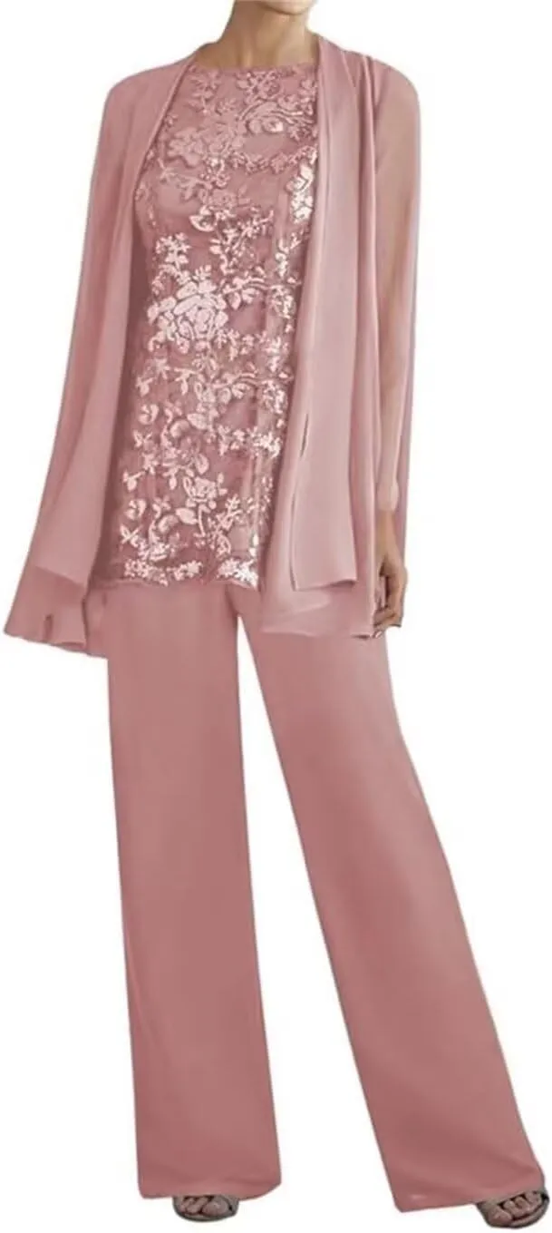 3 Pieces Mother of The Bride Pant Suits for Women Dressy Lace Wedding Formal Outfit with Jackets PG016