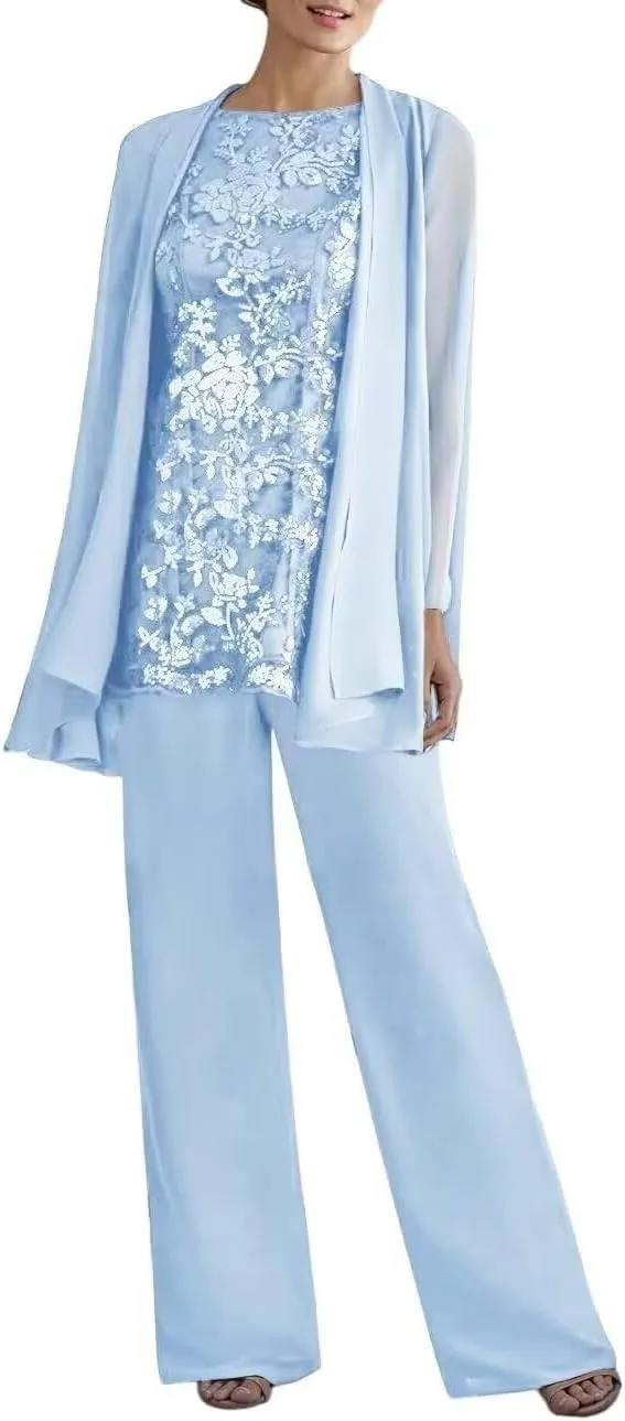 3 Pieces Mother of The Bride Pant Suits for Women Dressy Lace Wedding Formal Outfit with Jackets PG016