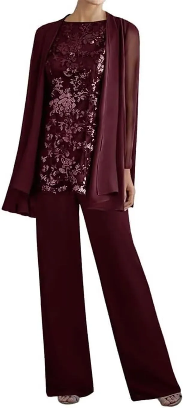 3 Pieces Mother of The Bride Pant Suits for Women Dressy Lace Wedding Formal Outfit with Jackets PG016