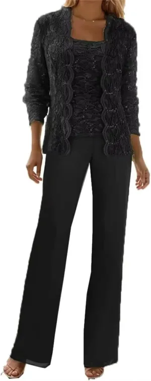 3 Pieces Mother of The Bride Pant Suits with Jackets Sequins Lace Wedding Guest Dresses for Women