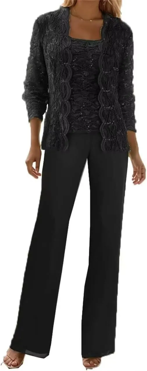 3 Pieces Mother of The Bride Pant Suits with Jackets Sequins Lace Wedding Guest Dresses for Women