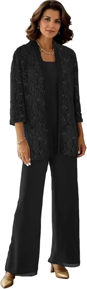3 Pieces Mother of The Bride Pantsuits with Jackets Sparkly Sequin 3/4 Sleeve Lace Formal Pant Suits for Women
