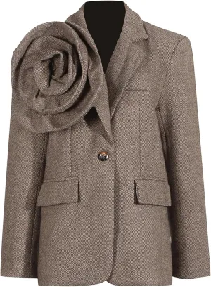 3D Flower Appliques Blazer for Women Female Fashion Notched Collar Single Button Suit Jackets