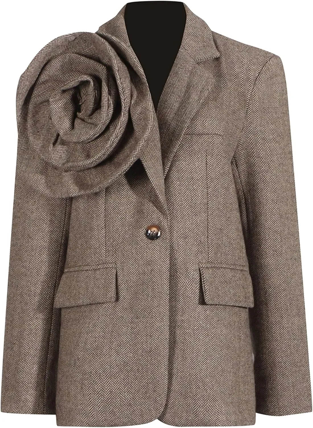 3D Flower Appliques Blazer for Women Female Fashion Notched Collar Single Button Suit Jackets