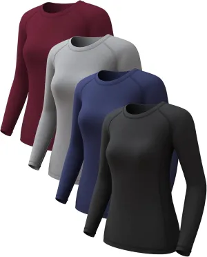 4 Pack Women's Compression Shirts Long Sleeve Athletic Workout Tops Sun Protection Cool Dry Undershirt for Yoga Gym
