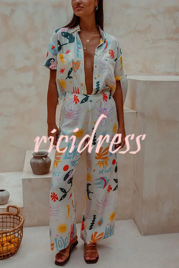 Abstract Sea Creature Print Button Pockets Elastic Waist Pant Suit