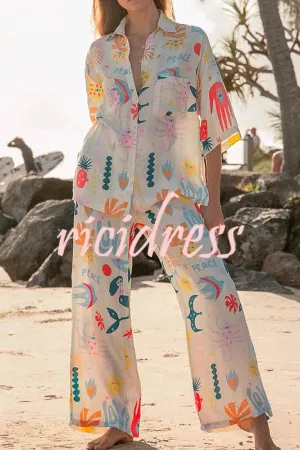 Abstract Sea Creature Print Button Pockets Elastic Waist Pant Suit
