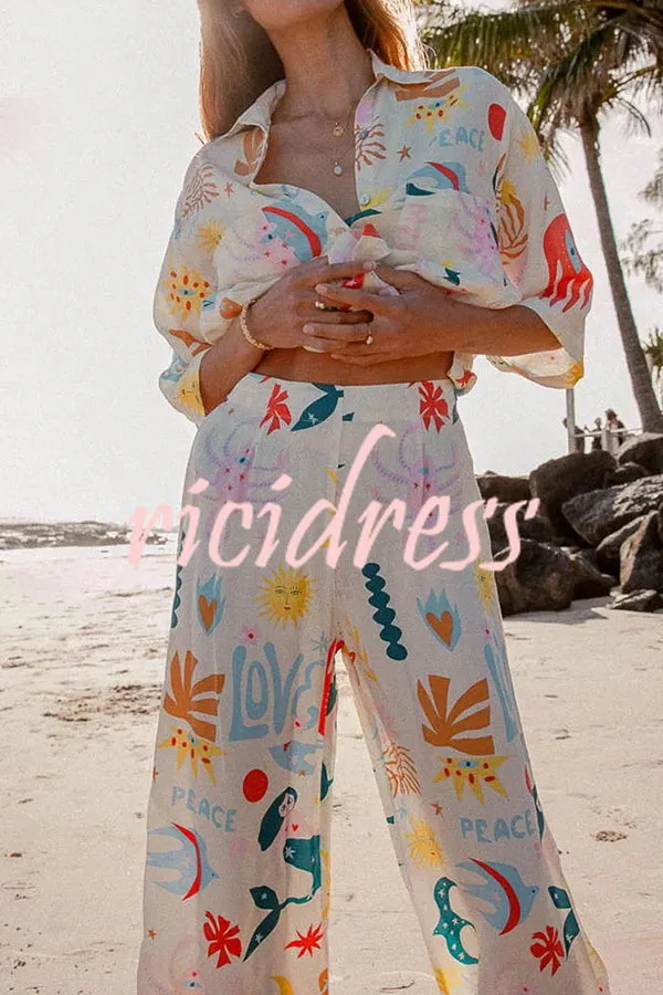 Abstract Sea Creature Print Button Pockets Elastic Waist Pant Suit