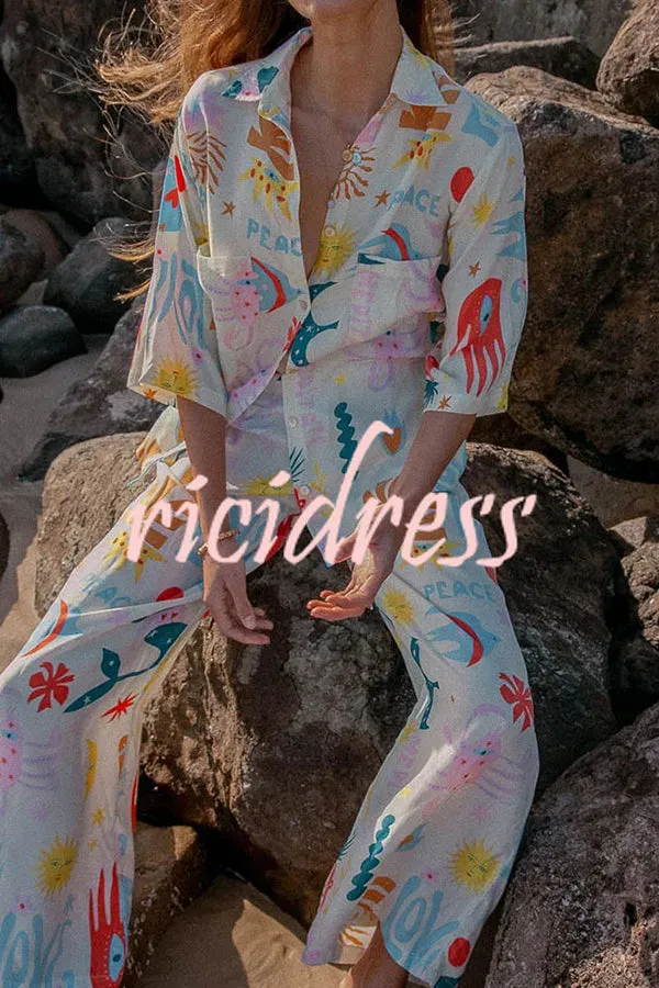 Abstract Sea Creature Print Button Pockets Elastic Waist Pant Suit