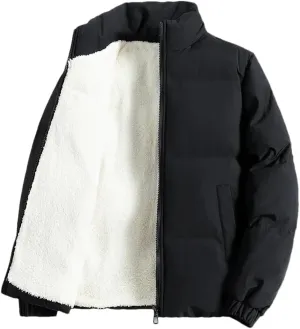 Adhdyuud Men Jacket Fleece Thickened Cotton Padded Jackets Casual Stand Collar Coats With Zipper Pocket Black 4XL (80kg-90kg)