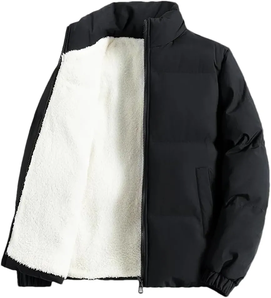 Adhdyuud Men Jacket Fleece Thickened Cotton Padded Jackets Casual Stand Collar Coats With Zipper Pocket Black 4XL (80kg-90kg)